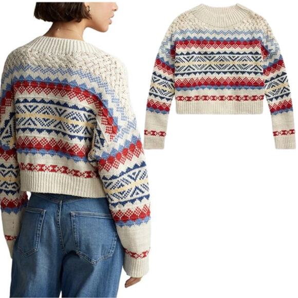 NEW Polo Ralph Lauren Nordic Fair Isle Cotton-Linen Sweater Crop Slouchy Sz XXL - Picture 2 of 12